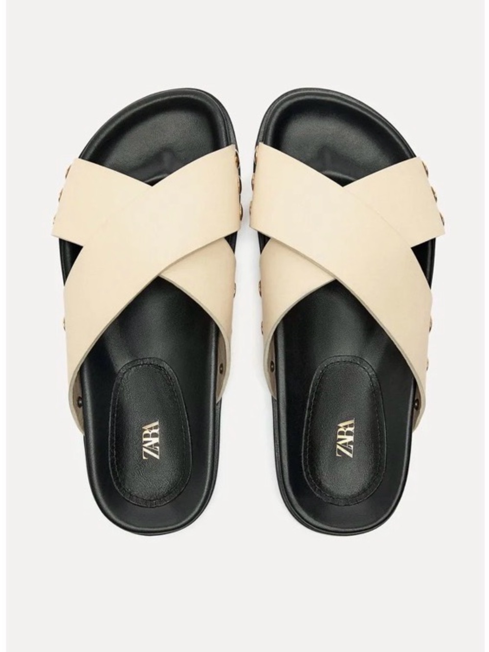 Zara Cream Cross-Strap Leather Slide Sandals